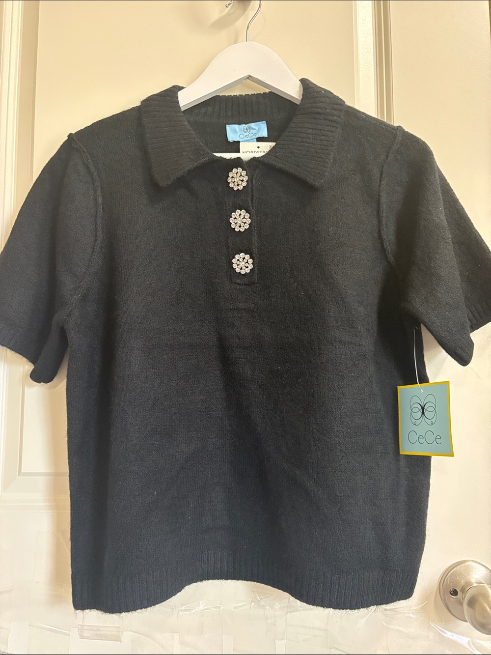 CeCe Black Short-Sleeve Knit Polo with Jewel Flower Buttons